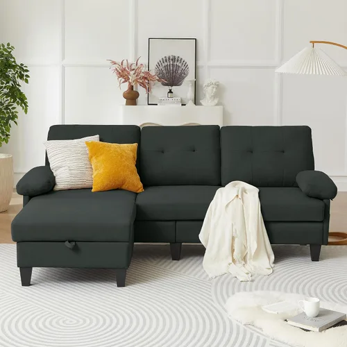 Vista 8 de Sofá modular convertible de 84 pulgadas, moderno sofá pequeño en forma de L de tela de lino con diván reversible, sofá de 3 asientos para sala