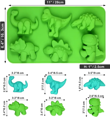 Vista 2 de Webake Moldes de silicona de dinosaurio, paquete de 2 lindos moldes de dinosaurio para dibujos animados de dinosaurio, chocolate, caramelo, pastel