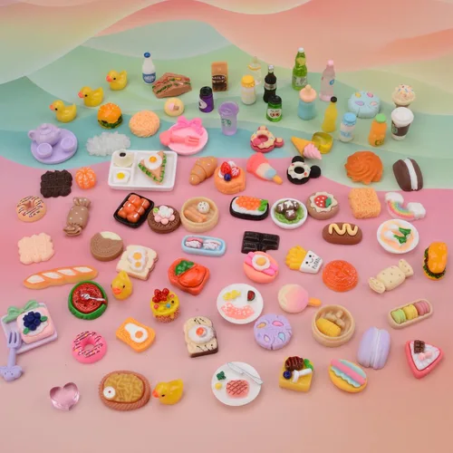 Vista 3 de 100 piezas de alimentos en miniatura Mini comida en miniatura accesorios para casa de muñecas de resina pequeña, juego de comida para casa