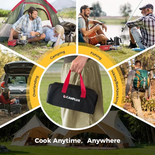 Vista 4 de Estufa de camping plegable CAMPLUX FoldGo, 7500 BTU, estufa portátil de gas butano, estufa plegable con cassette con bolsa de transporte y quemador