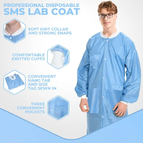 Vista 3 de Paquete de 10 abrigos de laboratorio desechables Abrigo de laboratorio duradero de 1.76 oz SMS hasta la rodilla, reutilizable, con puños