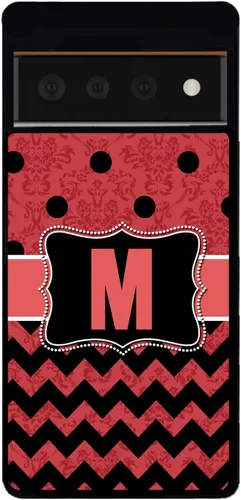 Vista 5 de Funda de goma negra con diseño de lunares Chevron Damasco rojo y negro con inicial negra compatible con Google Pixel 10, 10 Pro, 10 Pro XL, 9a, 9