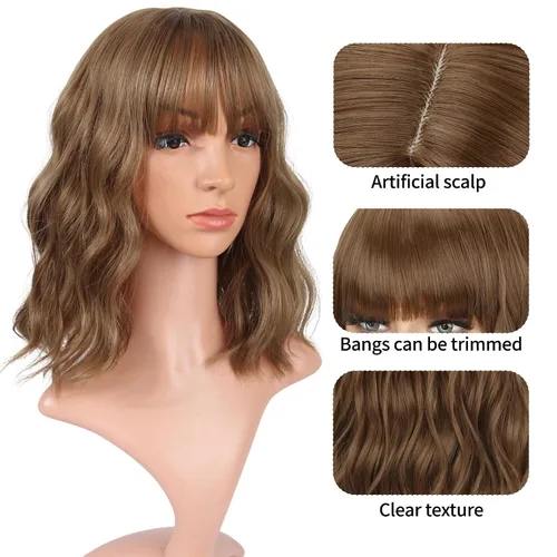 Vista 2 de VCKOVCKO - Peluca de cabello castaño claro rizada con flequillo de aire, onda natural rizada, peluca corta estilo Bob para mujer, longitud hasta