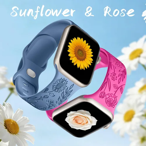 Vista 4 de SNBLK Paquete de 6 correas florales grabadas compatibles con Apple Watch de 40mm 41mm 42mm 38mm 44mm 45mm 46mm 49mm, mujeres y hombres, correa