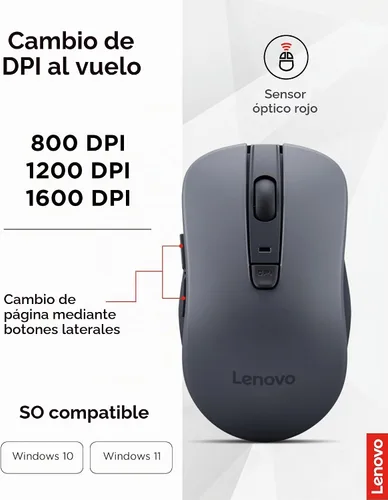 Vista 4 de Lenovo WL310 Ratón silencioso Bluetooth, ergonómico, DPI ajustable, clics silenciosos, Bluetooth 5.0, portátil para Windows, Mac y Chromebook, gris