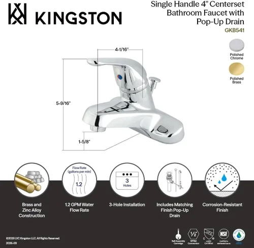 Vista 3 de Kingston Brass GKB542 Chatham - Grifo de baño central de 4 pulgadas, latón pulido, ABS/plástico emergente Dorado