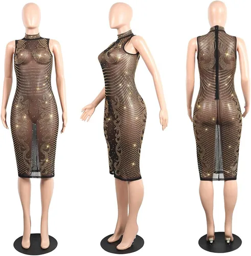 Vista 4 de JUNBOON Vestido midi sexy de malla transparente con diamantes de imitación y cremallera para mujer