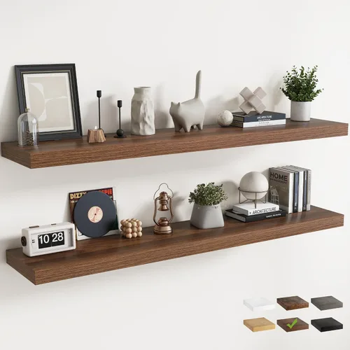 Vista 15 de Juego de 2 estantes flotantes de 16 pulgadas para pared, estantes de baño de grano de madera de 12 pulgadas de profundidad con soportes invisibles
