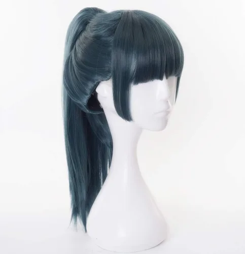 Vista 2 de Cosplay Zenin Maki peluca verde para anime japonés Jujutsu Kaisen peluca de longitud media cola de caballo peluca de Halloween disfraz fiesta peluca