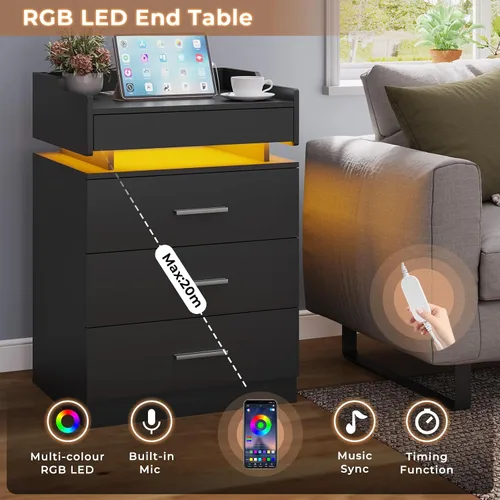 Vista 4 de HAUOMS Mesita de noche grande con estación de carga y luz LED, mesa auxiliar con 3 cajones y estante extraíble, mesita de noche con puertos USB