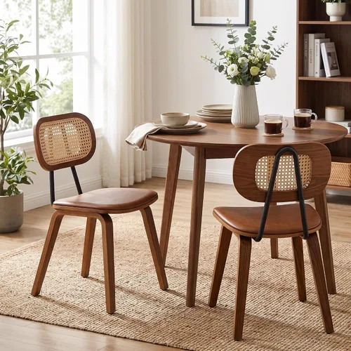Vista 15 de Juego de 2 sillas de comedor de ratán, asiento de piel sintética Beige/Negro