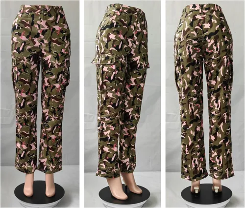 Vista 4 de Pantalones cargo de camuflaje para mujer, cintura alta, holgados, pierna ancha, camuflaje militar, pantalones deportivos ajustados con bolsillo