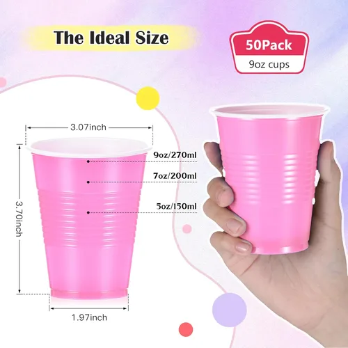 Vista 2 de Uiifan - 50 vasos desechables de plástico rosa de 9 onzas para bebidas