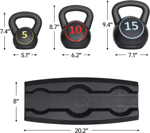 Vista 4 de Juego de pesas rusas de 3 piezas, pesas rusas suaves de agarre ancho para entrenamiento de fuerza con estante de almacenamiento, pesas de concreto