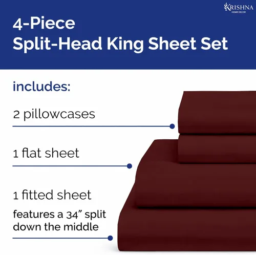 Vista 4 de KRISHNA Juego de sábanas prémium de 4 piezas de 34 pulgadas para cama ajustable con números de sueño, 100% algodón egipcio, sábana bajera ajustable
