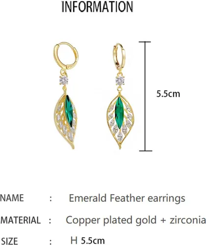 Vista 2 de Aretes de esmeralda, aretes de oro, aretes de plumas, aretes colgantes de circonita de hoja, regalos de joyería para mujeres en el día de la madre.