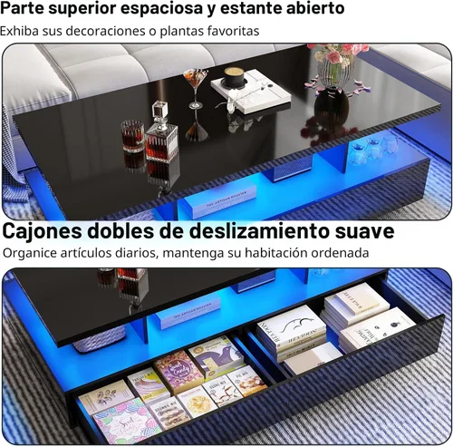 Vista 8 de Mesa de centro LED grande de 43 pulgadas con 2 cajones de almacenamiento grandes, luces de 60.000 colores, control de aplicación, mesa auxiliar