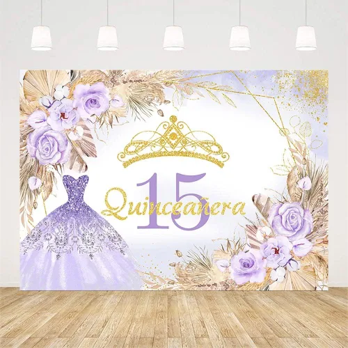 Vista 2 de AIBIIN Telón de fondo de quinceañera de 15 cumpleaños de 7 x 5 pies para niña dulce, bohemio, morado con purpurina Mis Quince Anos, fondo