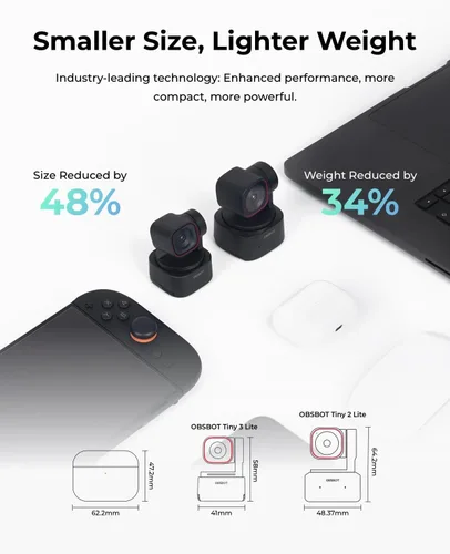 Vista 3 de OBSBOT Tiny 3 Lite - Cámara web 4K de audio espacial con IA - Cámara PTZ compacta de seguimiento de IA con sensor de 1/2 pulgada, Tri-Mic, control