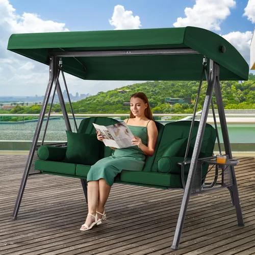 Vista 20 de Columpio de porche para exteriores 3 en 1 con toldo ajustable, columpio de 3 asientos para adultos, columpio de patio con cojines gruesos, almohadas
