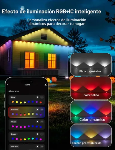 Vista 4 de RGB+IC - Luces permanentes para exteriores para jardín de casa, 50 pies, luces de alero inteligente, luces de cadena, IP67 impermeable
