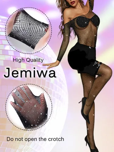 Vista 4 de Jemiwa Fishnet Bodystocking - Lencería negra brillante con malla transparente para mujer, ropa interior para discoteca