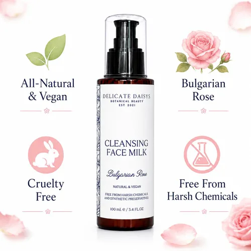 Vista 2 de Delicate Daisys Botanical Beauty Leche facial limpiadora - Rosa búlgara natural y orgánica sin agua, limpiador facial 3.4 fl oz Vegano y libre