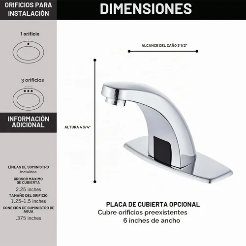 Vista 6 de Grifo de lavabo de baño sin contacto con sensor de movimiento automático, manos libres, grifos comerciales cromados con válvula mezcladora