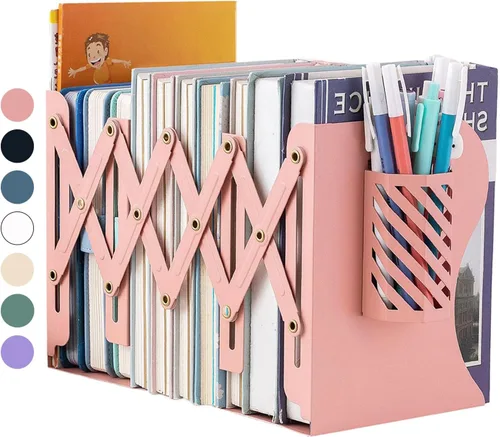Vista 10 de Sujetalibros Kingsmile, sujetalibros ajustables para estantes, sujetalibros de metal para libros pesados, organizador de topes de libros con porta