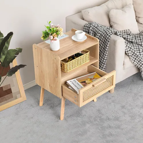 Vista 5 de Lerliuo Rattan Nightstand with Charging Station, Boho Night Stand Natural