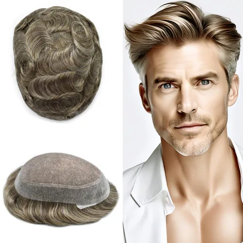 Vista 32 de Toupee para hombres Piezas de pelo fino mono para hombre Toupee sistema de reemplazo de pelo para hombres línea capilar natural para hombre postizo