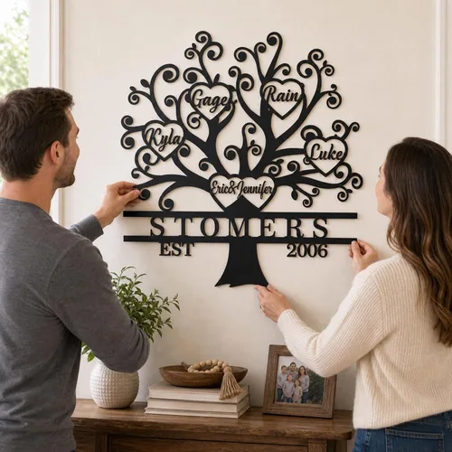 Vista 3 de Letrero de metal personalizado del árbol de la vida, letrero de metal con nombres de niños, regalo personalizado de apellido, recuerdo familiar
