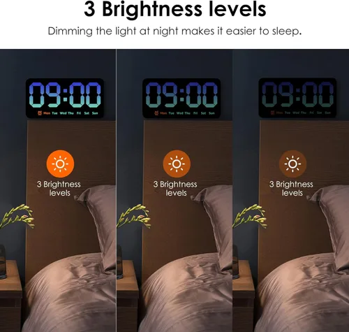 Vista 4 de Reloj de pared digital con atenuador de brillo de pantalla grande, reloj de pared digital LED con pantalla RGB, pequeño reloj de pared para sala