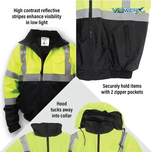 Vista 4 de Chaqueta Hi-Vis Deluxe para clima frío - ANSI CL2 - Chaqueta reflectante de seguridad para áreas de trabajo, construcción y alto tráfico