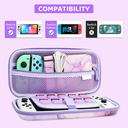 Vista 6 de RHOTALL Carrying Case for Nintendo SwitchOled, Portable Hard Shell Marble Travel Storage Case with 12 Slots Card Case, Screen Protector, Adjustable