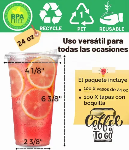 Vista 4 de Paquete de 100 vasos de plástico transparente de 24 onzas con tapas sin popote, vasos desechables de plástico para café helado, tazas para llevar