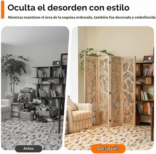 Vista 7 de JOSTYLE Divisor de habitación bohemio con tallado de plumas, pantalla de madera calada de 4 paneles, división plegable decorativa para dormitorio