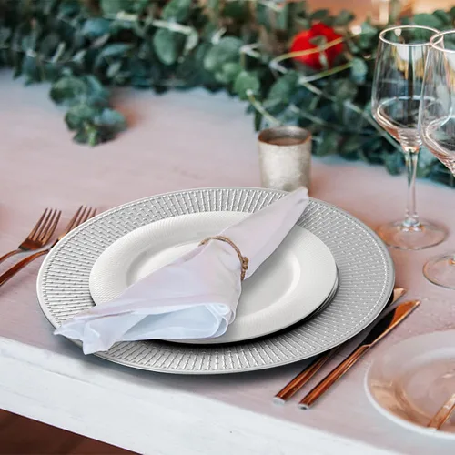 Vista 8 de DEAYOU Paquete de 12 platos de carga plateados, cargadores de cuentas de 13 pulgadas para platos de cena, platos de carga redondos reutilizables