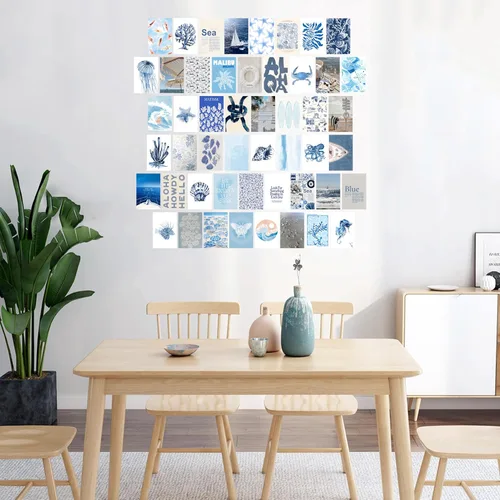 Vista 5 de Arte de pared de surf costero de playa, juego de 50 pósteres e impresiones de collage sin marco, decoración de pared de playa retro azul, decoración