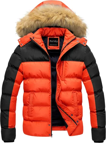 Vista 8 de Pursky Chaqueta de plumón impermeable para hombre, abrigos de invierno con capucha de piel para esquiar, parka con capucha de piel Verde militar
