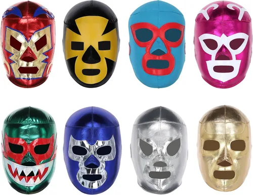 Vista 2 de Máscaras de lucha libre de calidad profesional (paquete de 8) Disfraz auténtico de Lucha Libre - Tamaño adulto Máscaras de Luchador hechas