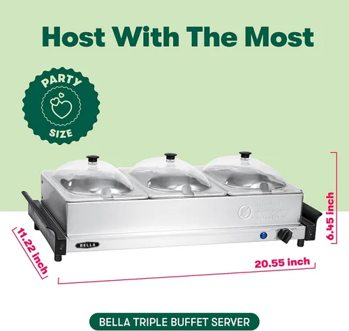 Vista 2 de BELLA Servidor de buffet eléctrico triple de 4.5 cuartos de galón, bandeja de calentamiento de alimentos y olla de cocción lenta, estación