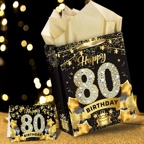 Vista 5 de Black Gold - Bolsa de regalo de cumpleaños número 80, bolsas doradas y negras con papel de seda y tarjeta, bolsas de regalo para hombres, mujeres