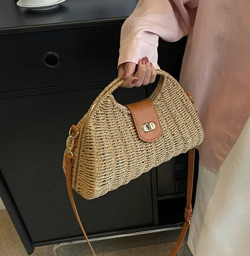 Vista 4 de Bolso cruzado de paja para mujer, tejido a mano, bolso de mano de ratán con asa superior de paja, bolso de hombro para playa de verano, bolso