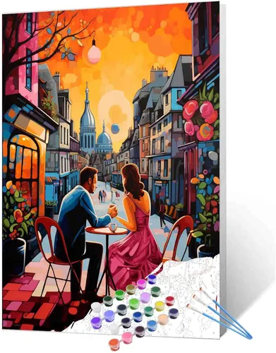 Vista 19 de Kits de pintura romántica por números para parejas con pinceles y pigmento acrílico sobre lienzo para adultos, niños y niñas bajo un paraguas