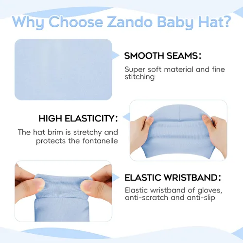 Vista 3 de Zando Gorros y manoplas unisex para bebés, gorro de hospital para recién nacidos, con guantes antiarañazos, conjunto para bebés y niños