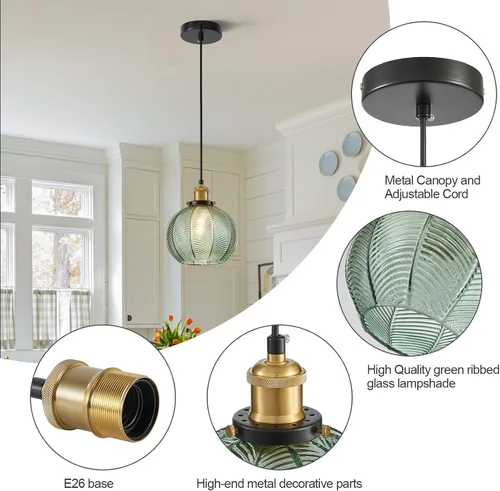 Vista 7 de Lámpara colgante vintage de 7.8 pulgadas, 2 luces, para fregadero de cocina, con vidrio soplado a mano verde, pequeña lámpara colgante para cocina