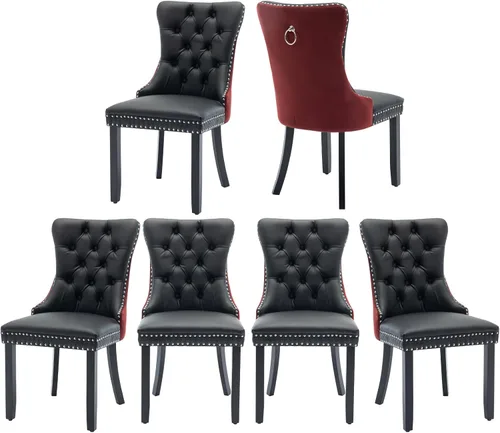 Vista 8 de Juego de 2 sillas de comedor de terciopelo, silla de comedor tapizada de alta gama con tirador de anillo en la espalda, adorno de clavos y patas