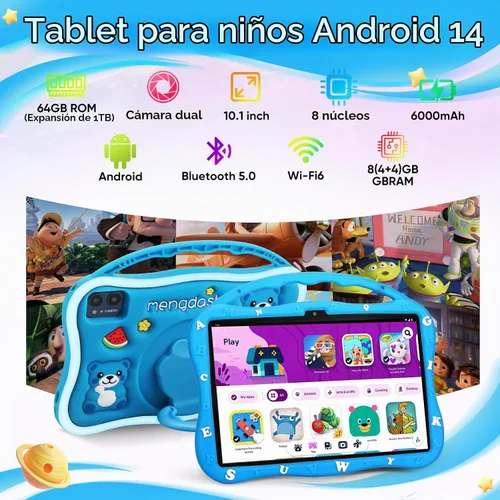 Vista 2 de MengDash Tableta para niños, tableta de 10.1 pulgadas para niños de 3 a 10, tableta educativa de aprendizaje para niños pequeños Android 14, 8 GB