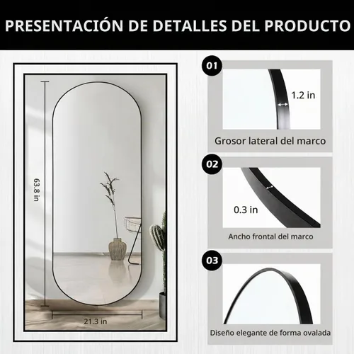 Vista 2 de ZHUNFA - Espejo de pie en forma de arco de longitud completa, espejo de piso ovalado de longitud completa, espejo de pared grande con arco superior